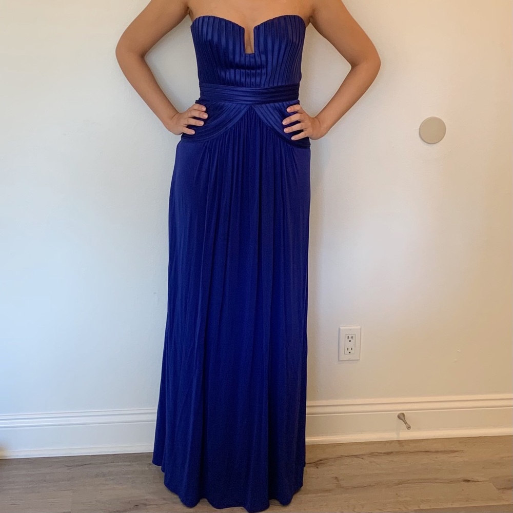 BCBG Royal Blue Strapless Pleated Evening Gown
